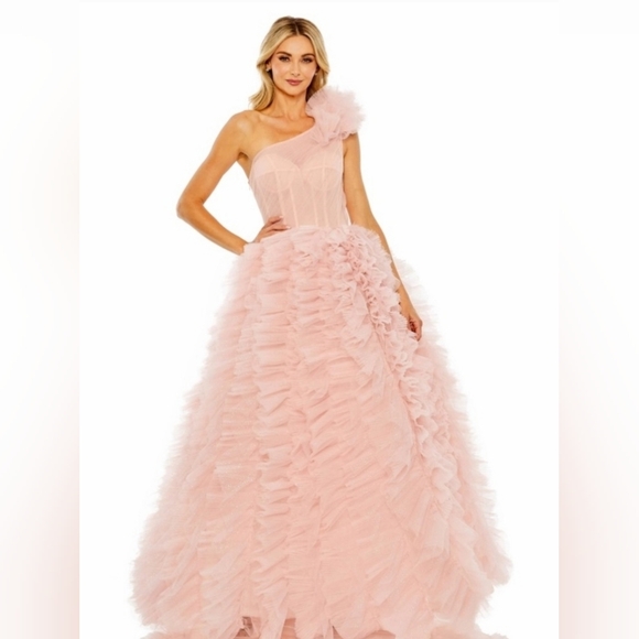 New One Shoulder 20576 One Shoulder Tulle Ruffle Poofy Maxi Dress Size 4 - Picture 1 of 2